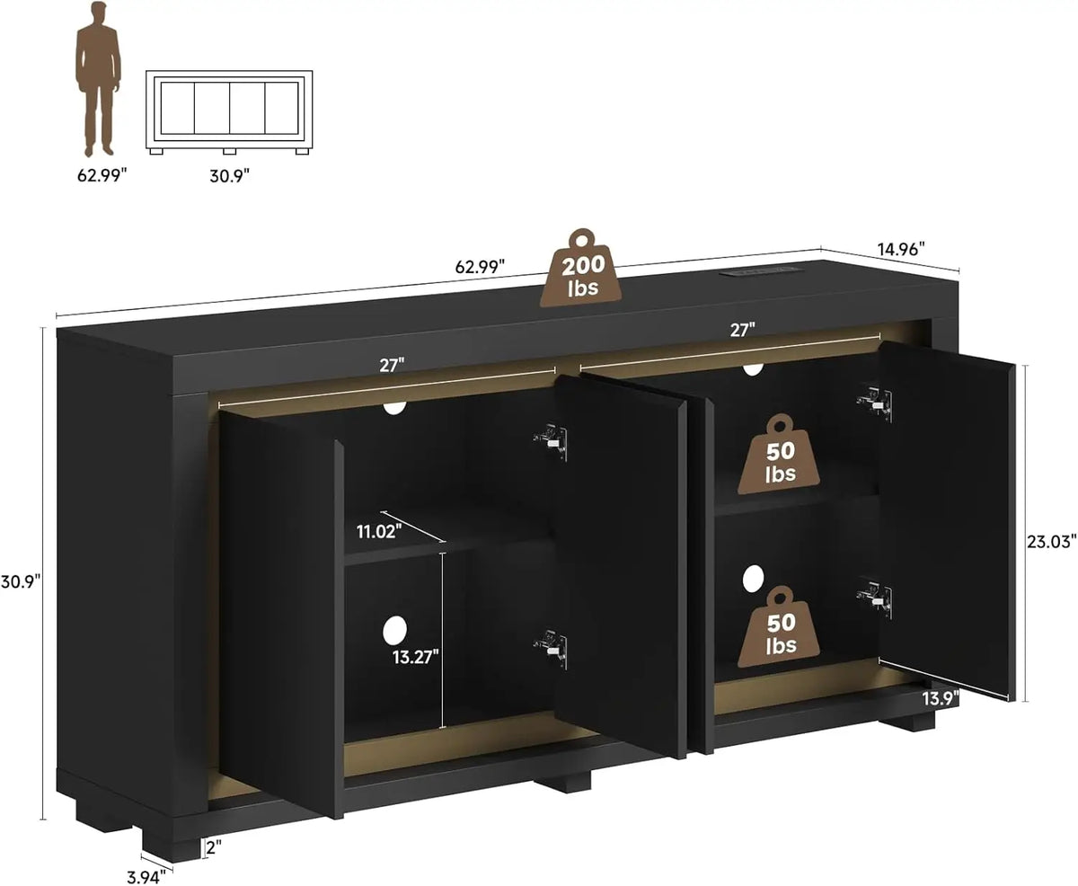 ONBRILL Modern Storage Cabinet With Power Outlets And LED Light
