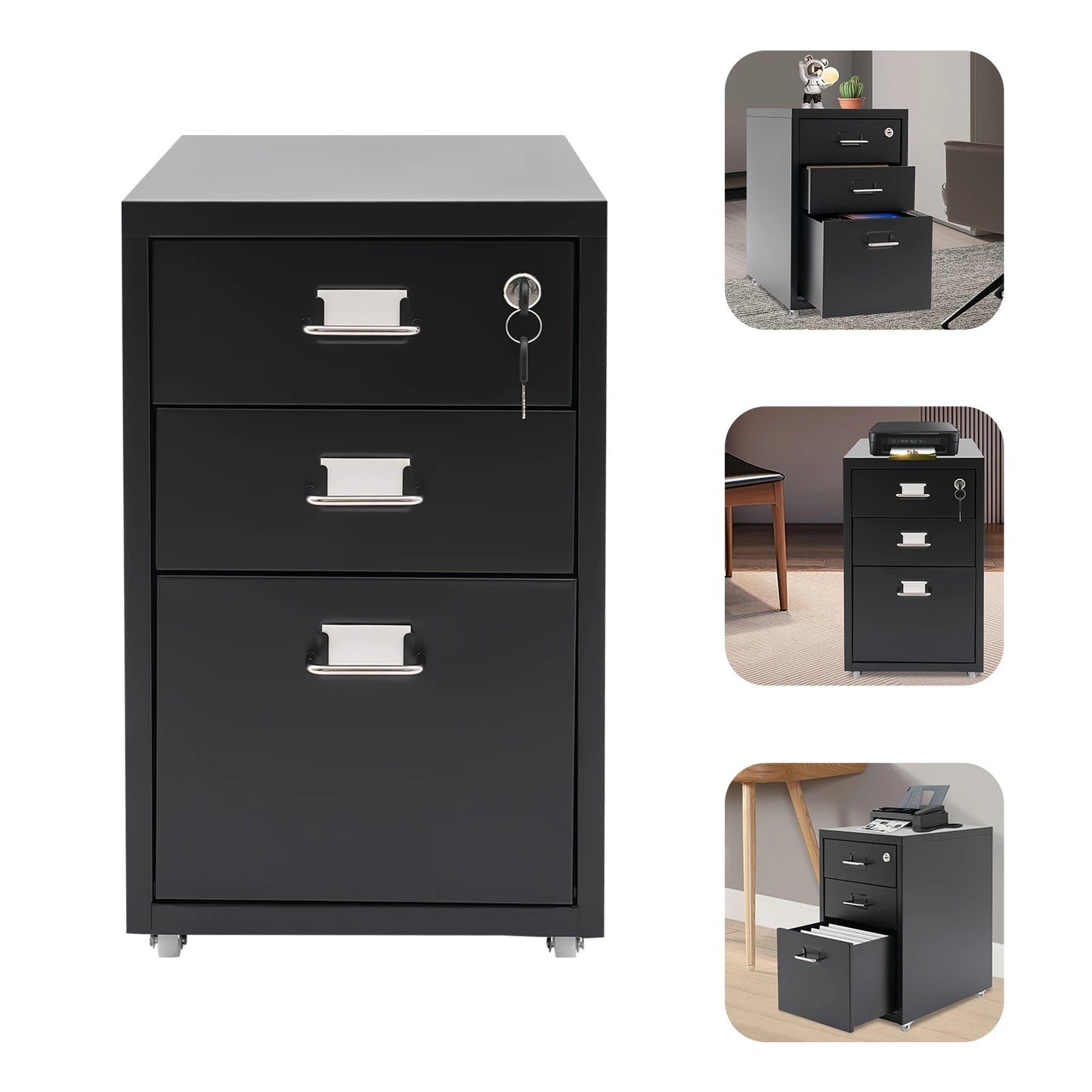3-Tier Rectangular Metal Vertical Filing Cabinet With Mobile Lock