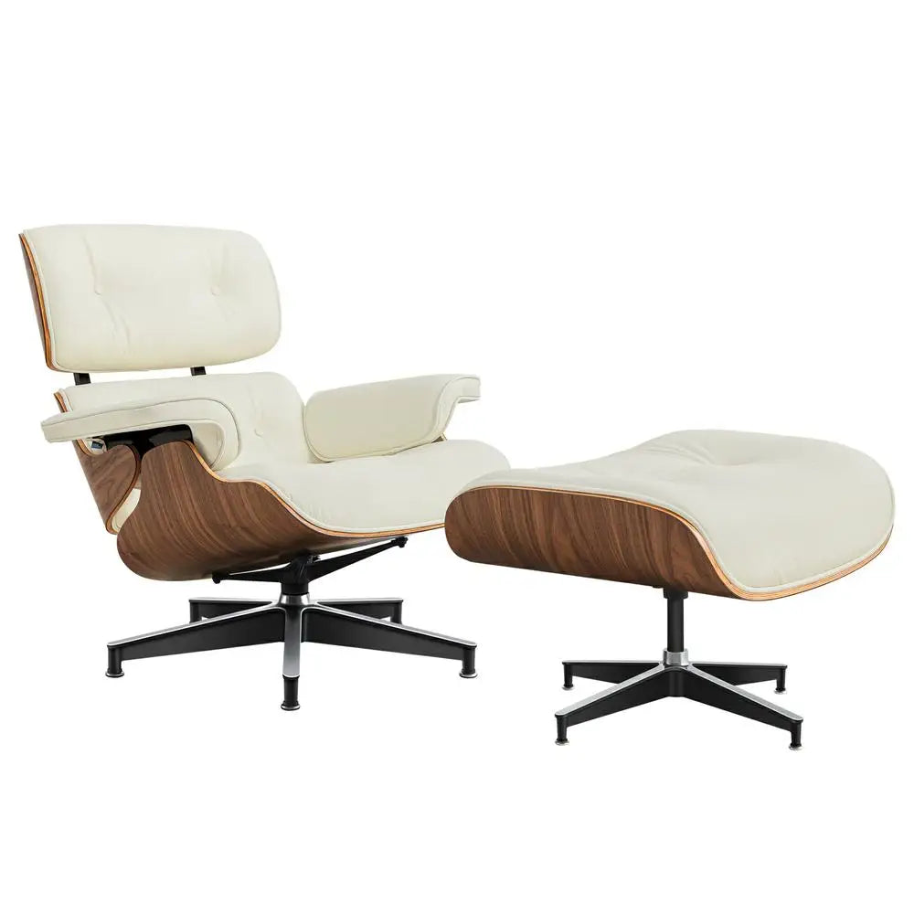 Genuine Leather Swivel Lounge Armchair With Ottoman