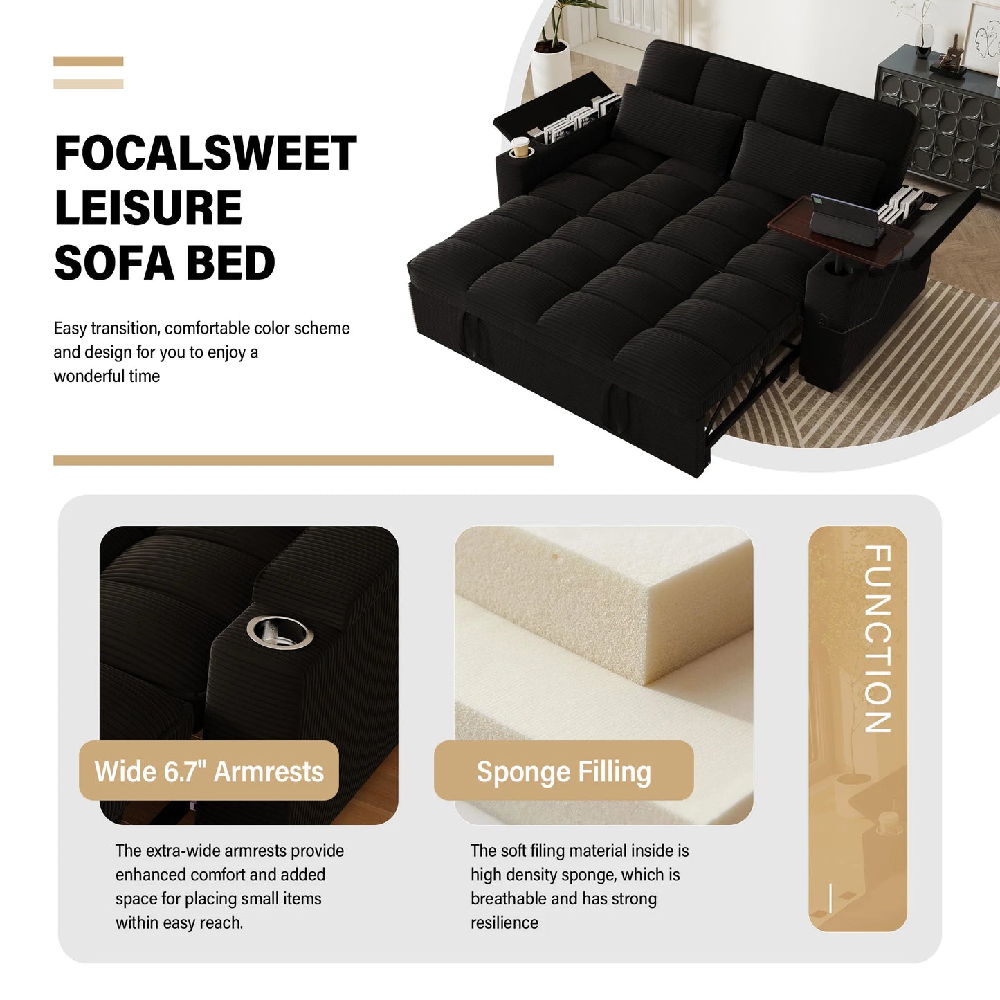 Folding Convertible Sofa Bed With Swivel Table And Usb Charging