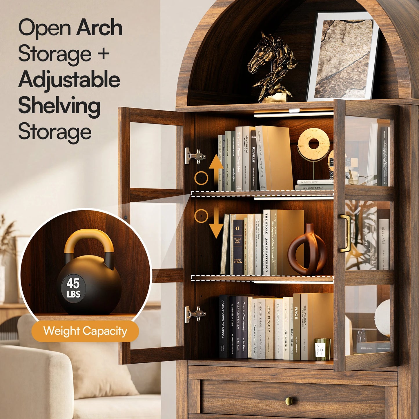 Cottinch Arched Storage Cabinet With Adjustable Shelves And LED Lights