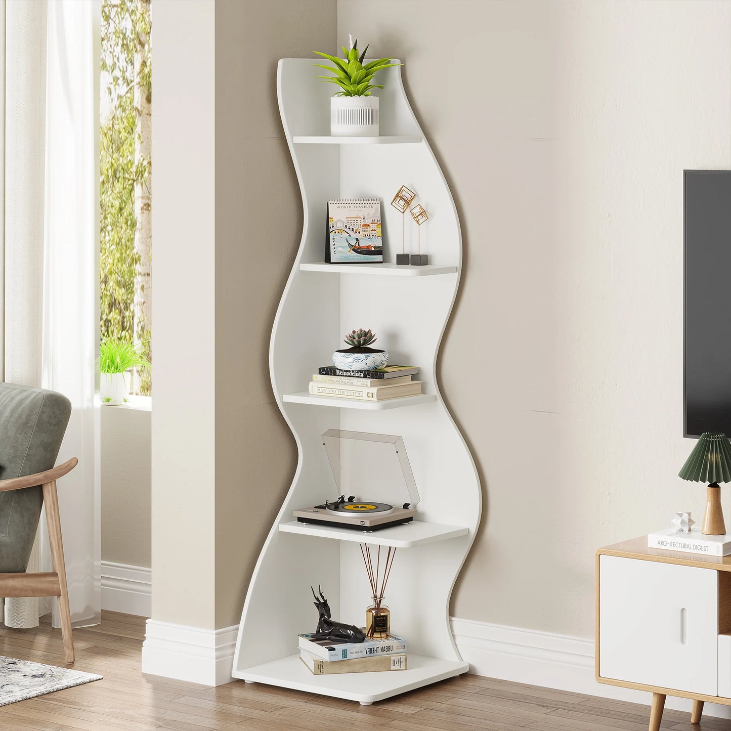 Tribesigns Modern Five Tier Wooden Corner Bookshelf