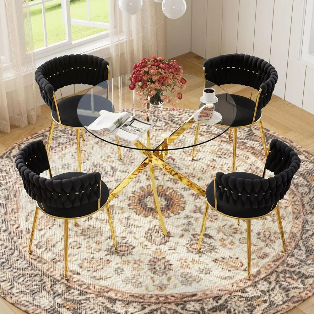 Modern Glass Dining Set with Velvet Upholstered Chairs