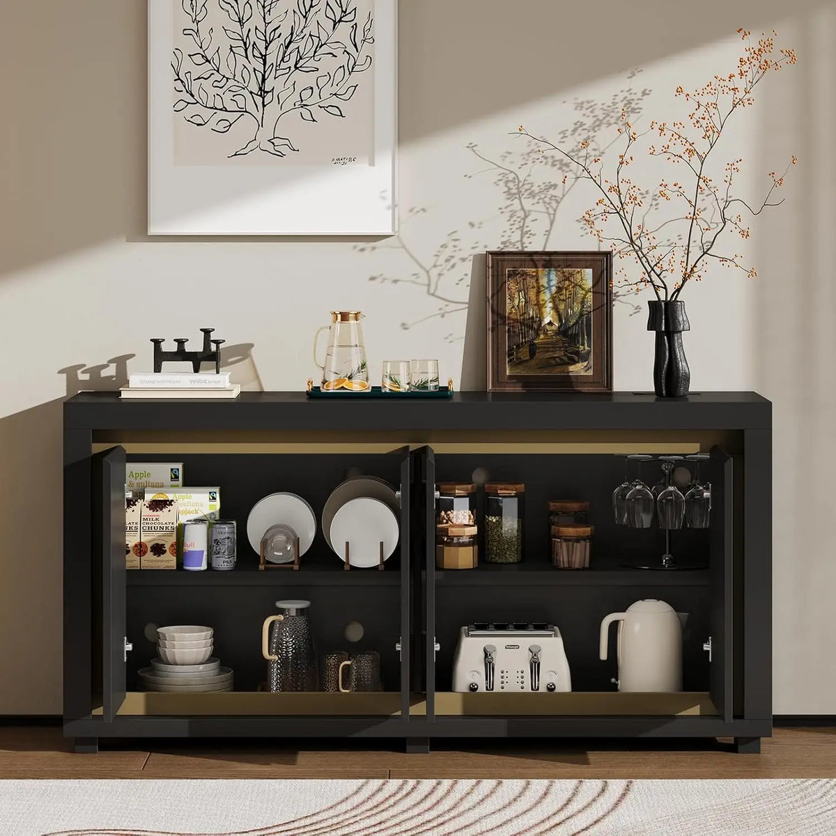 ONBRILL Modern Storage Cabinet With Power Outlets And LED Light