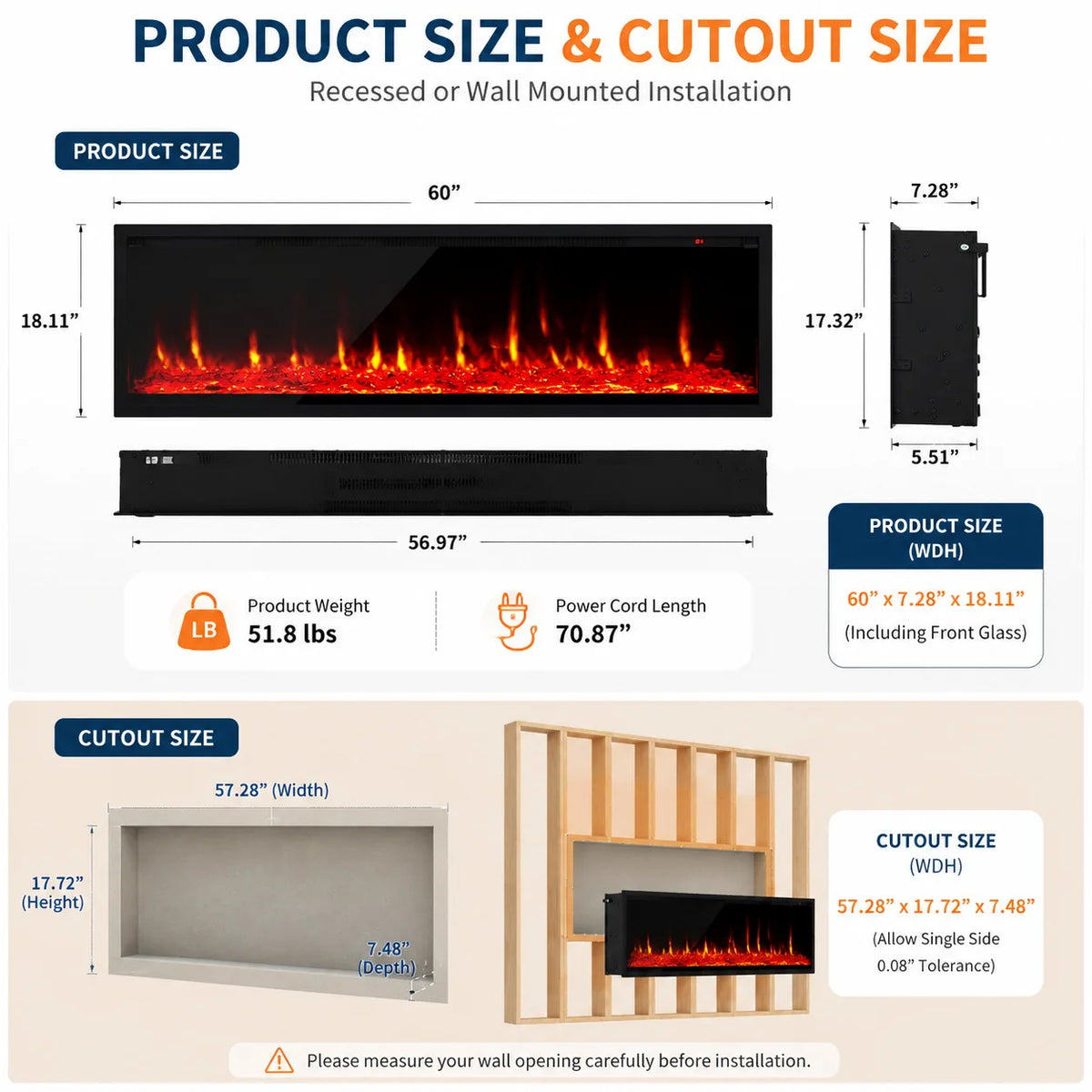 Anixol Electric Fireplace Linear Recessed Wall Mounted Heater