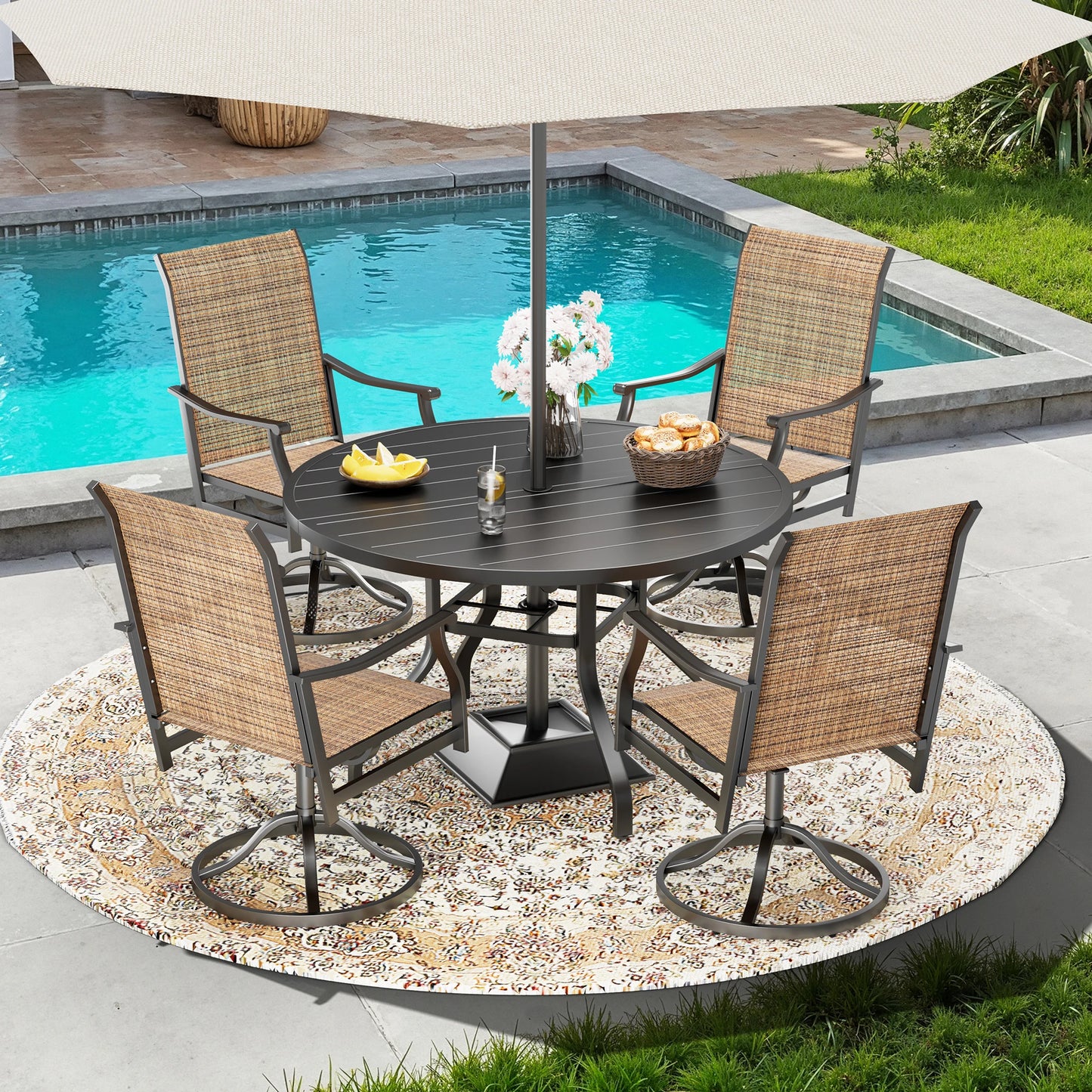 Farini Metal Round Outdoor Patio Dining Table With Umbrella Hole