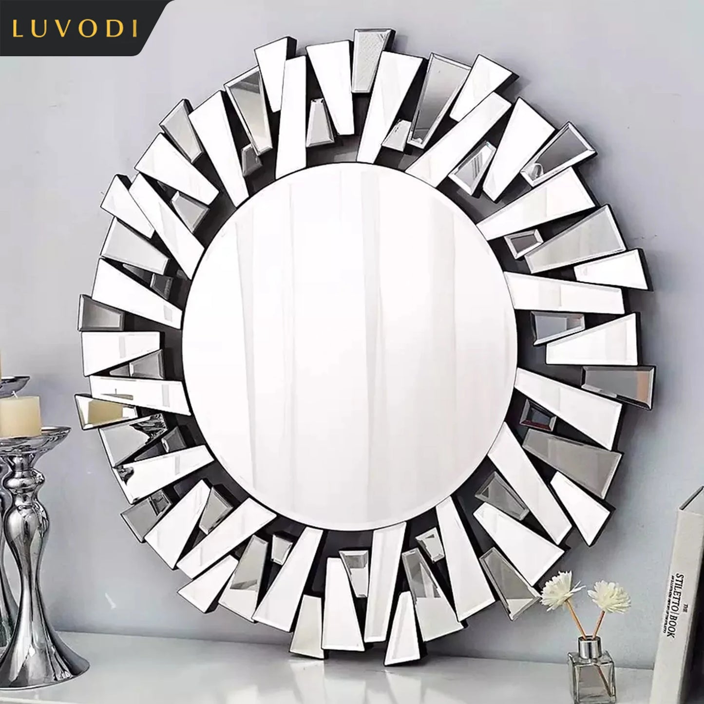 Luvodi Round Wall Mirror With Starburst Design For Home Decor
