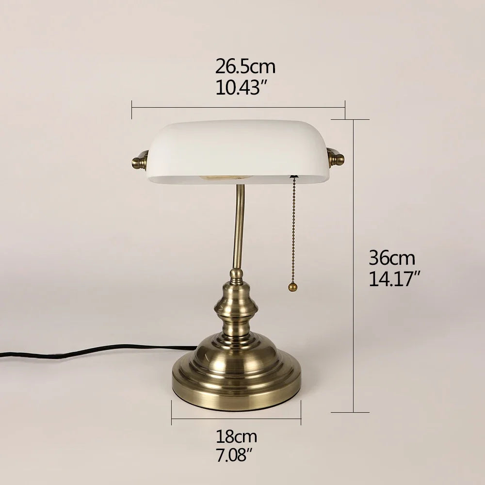Classical Glass And Iron Bankers Desk Lamp With Zipper Switch