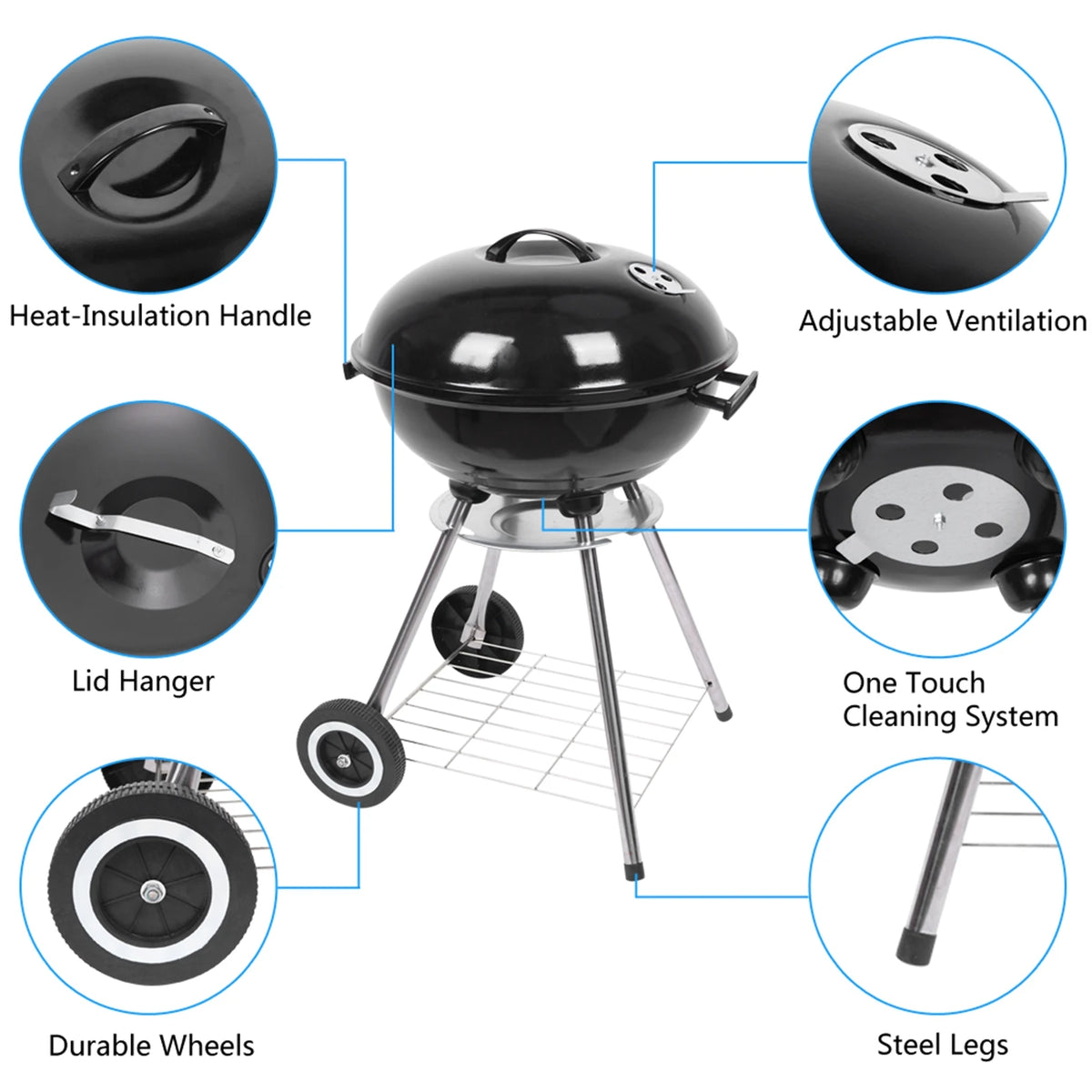 Compact Portable Charcoal Grill With Thermometer And Wooden Handle