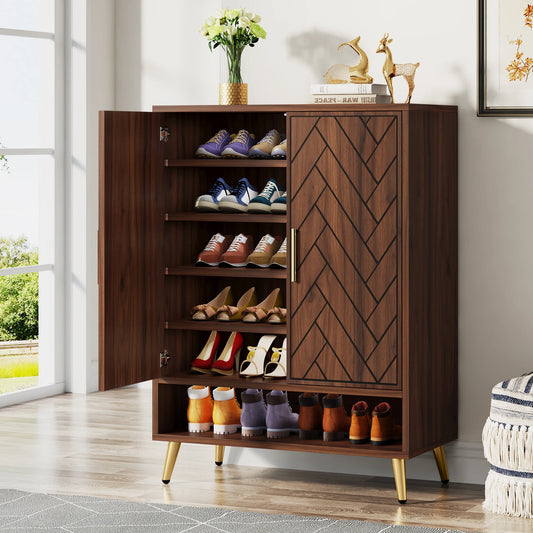 Tribesigns Wooden Shoe Storage Cabinet With Adjustable Doors And Shelves