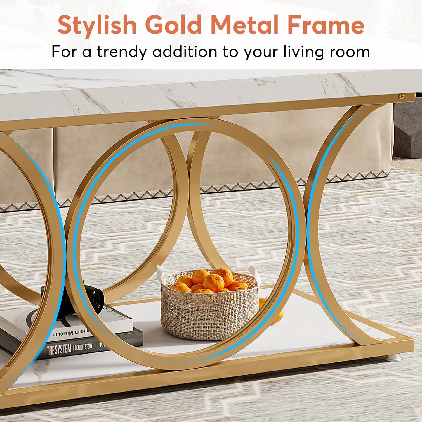 Tribesigns Modern Rectangle Coffee Table With Two Tier Shelves