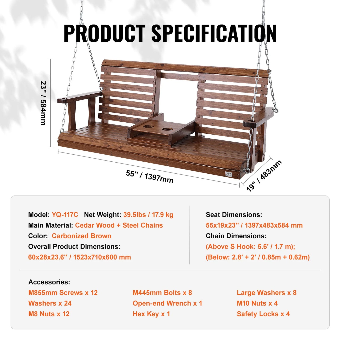 Succebuy Cedar Wood Outdoor Porch Swing Patio Garden Bench