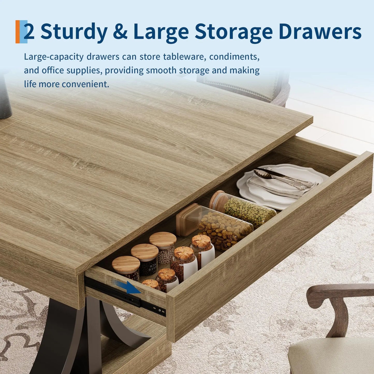 HiMISS Wooden Industrial Dining Table With Storage Drawers
