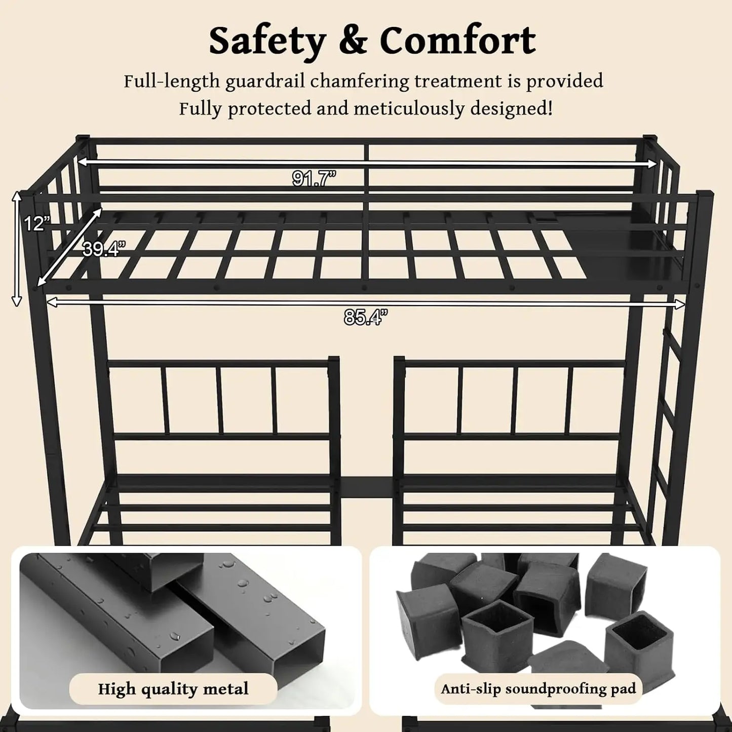 Heavy Duty Metal Triple Bunk Bed With Integrated Safety Guardrails