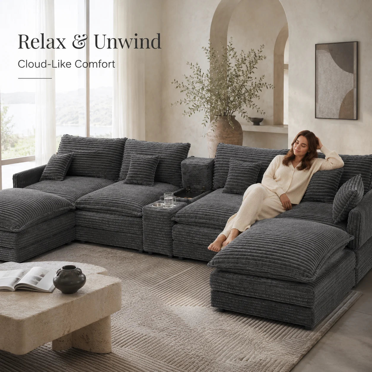 Seven Piece Modular Sofa With Console Coffee Table And Pillows