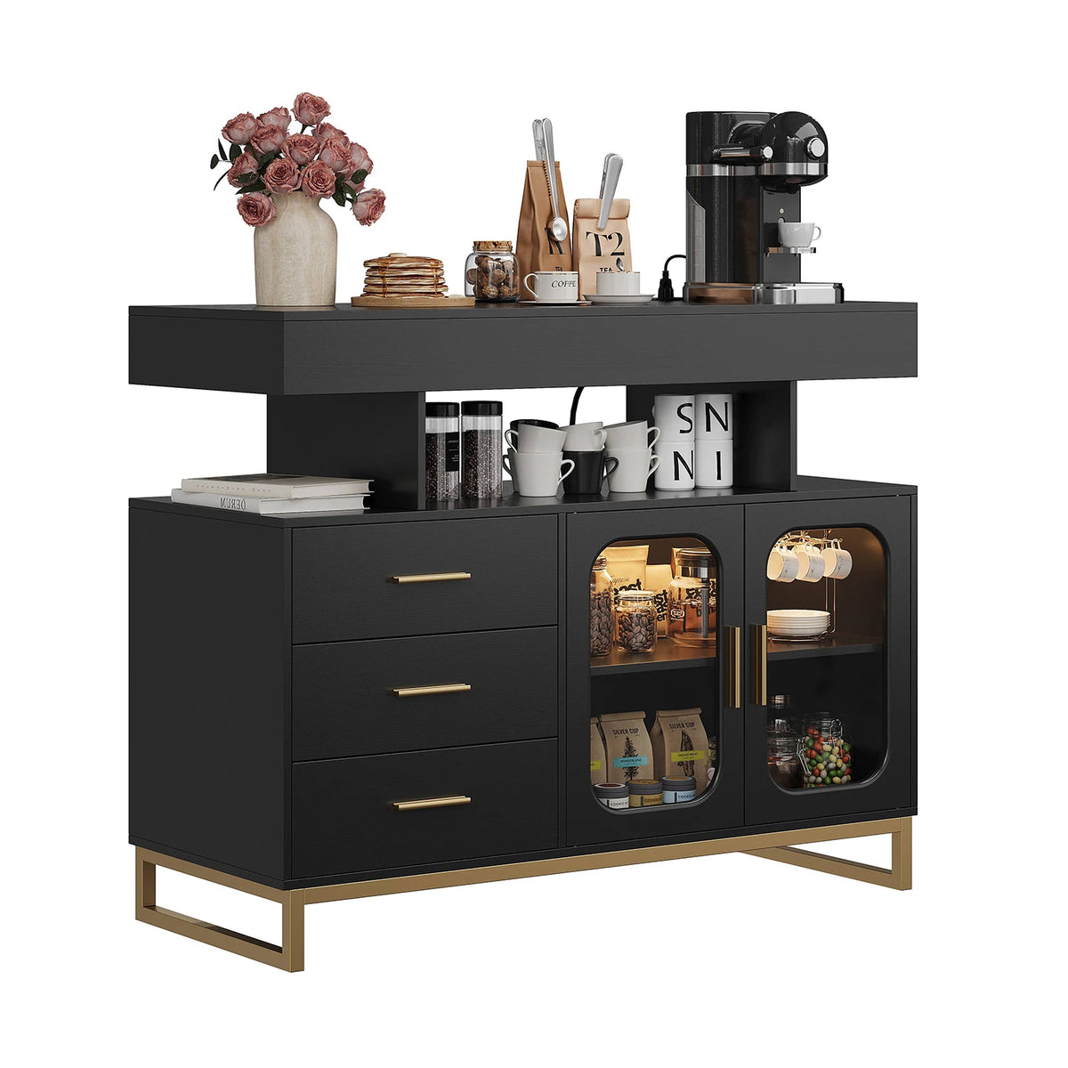 HiMISS Modern Sideboard Buffet Cabinet With LED Lights And Storage