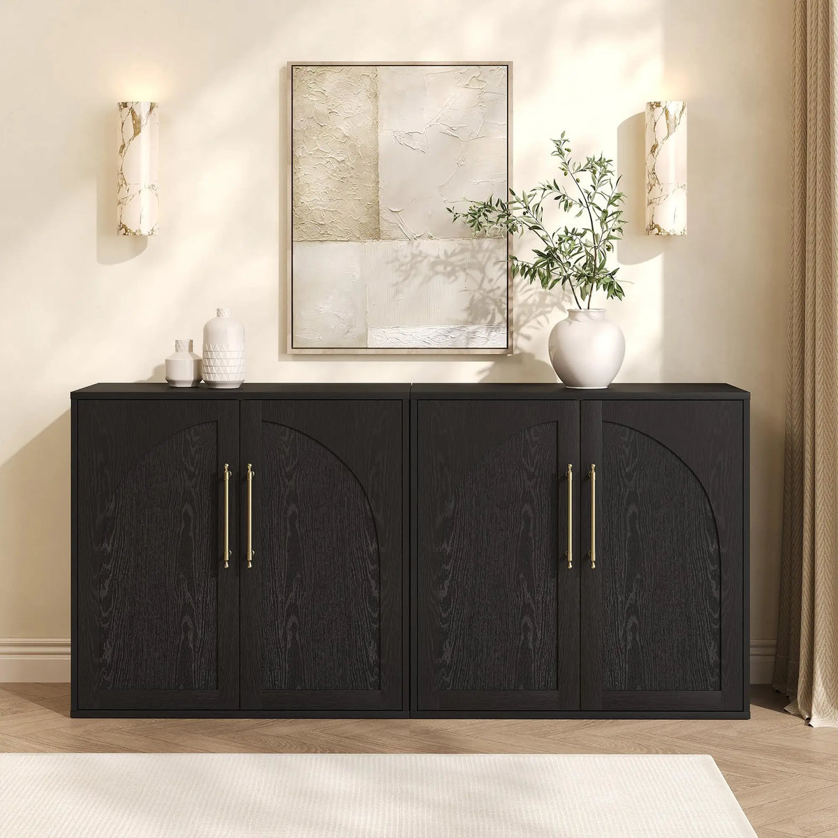 Arched Farmhouse Sideboard Buffet Cabinet With Doors And Drawers