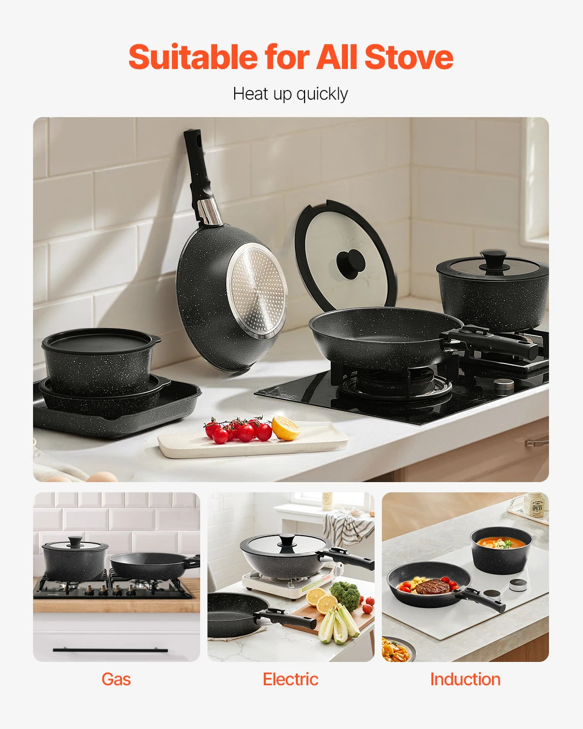 SucceBuy Nonstick Granite Cookware Set Featuring Frying Sauce Saute Pans