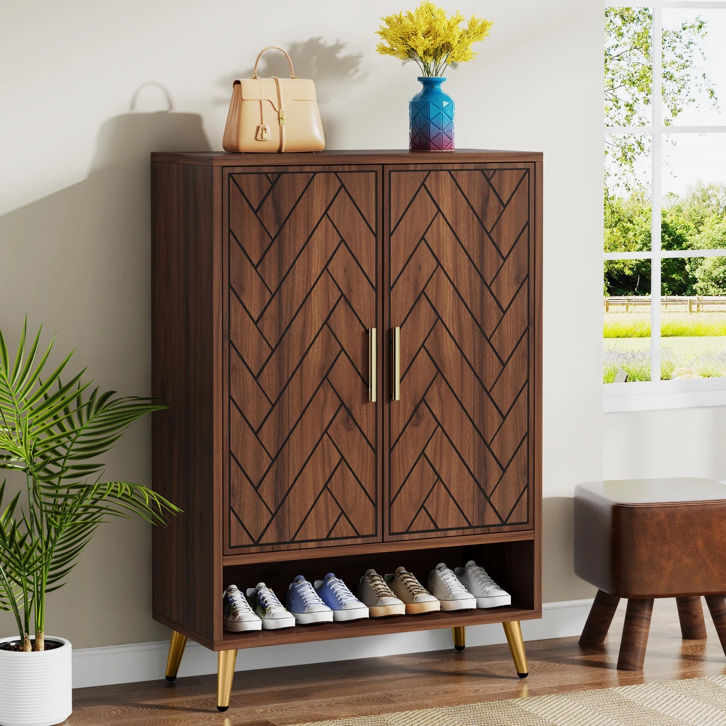 Tribesigns Wooden Shoe Storage Cabinet With Adjustable Doors And Shelves