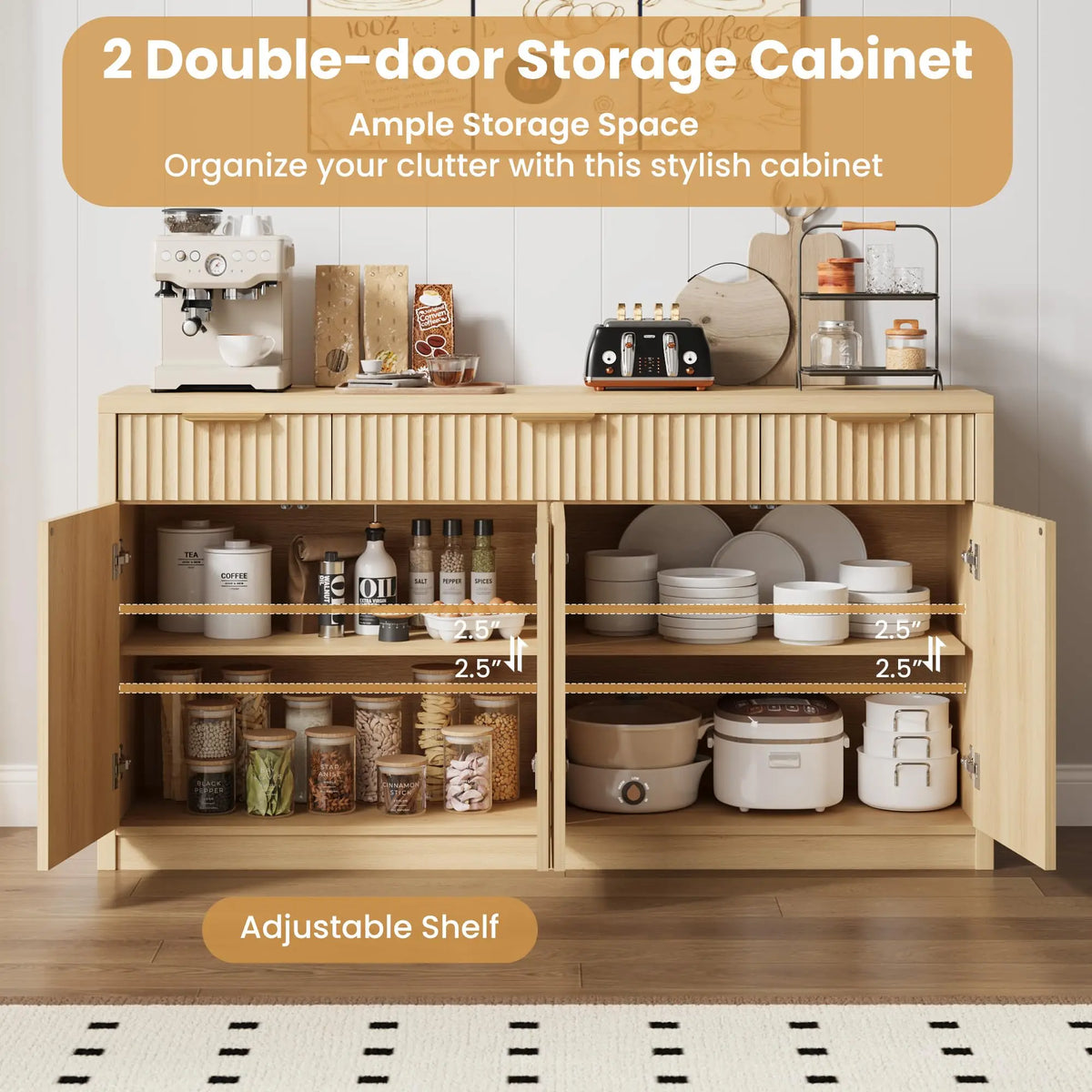 HiMISS Fluted Sideboard Cabinet With Drawers And Adjustable Shelves