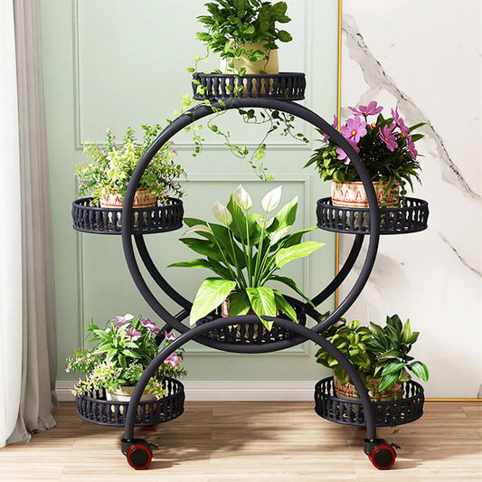 Multi Tier Rolling Metal Plant Stand With Six Pot Holders