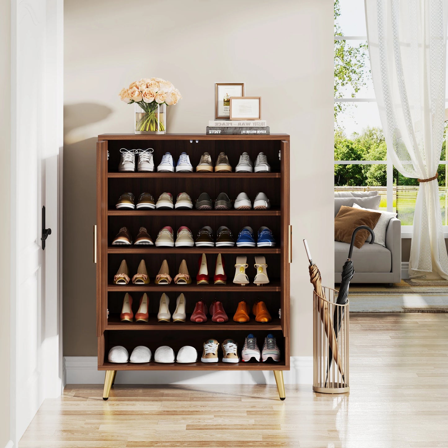 Tribesigns Wooden Shoe Storage Cabinet With Adjustable Doors And Shelves