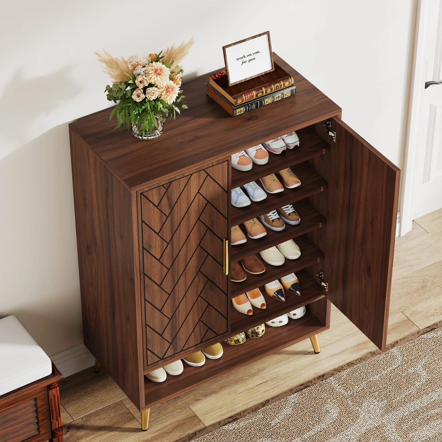 Tribesigns Wooden Shoe Storage Cabinet With Adjustable Doors And Shelves