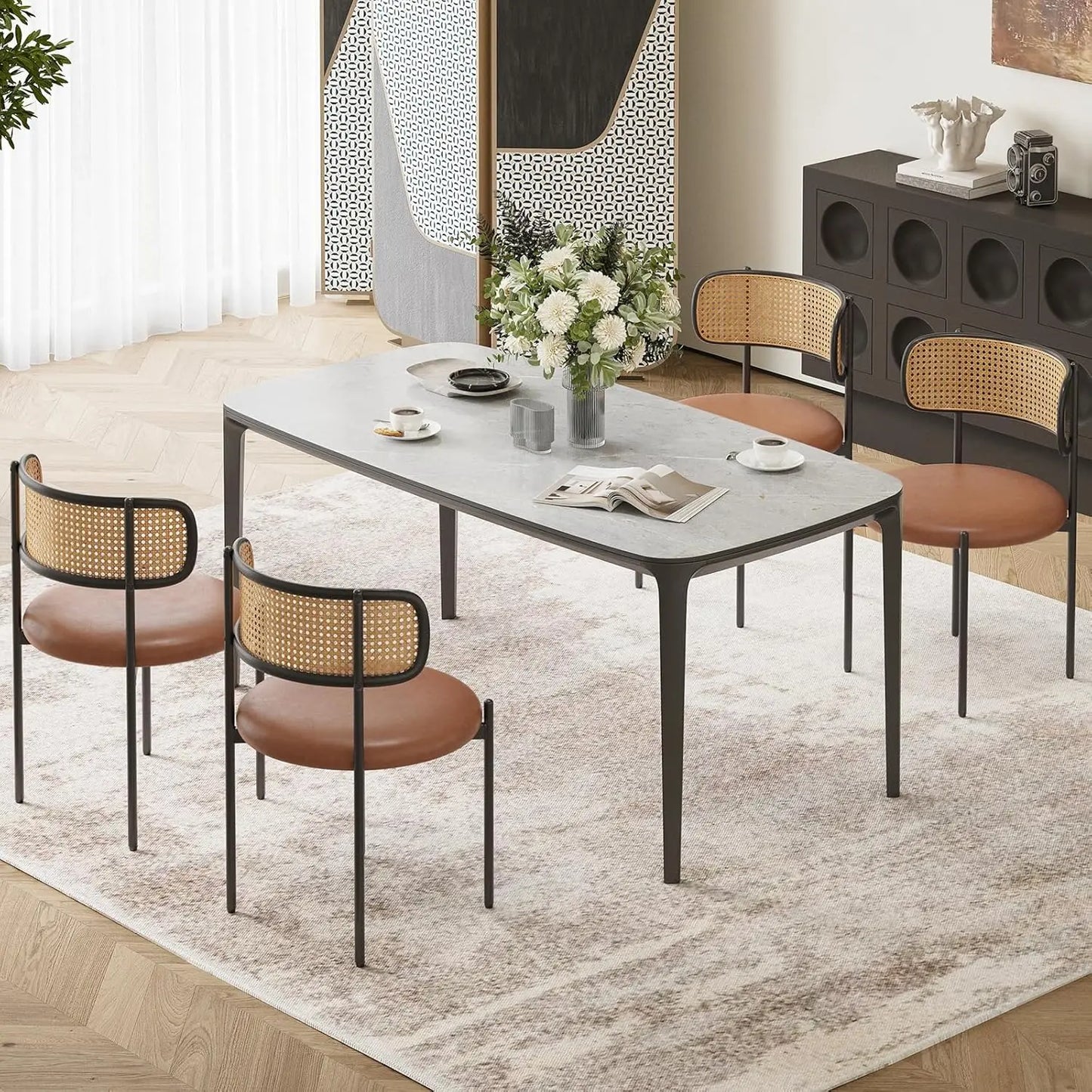 Farini Modern Dining Chairs With PU Leather And Rattan Back