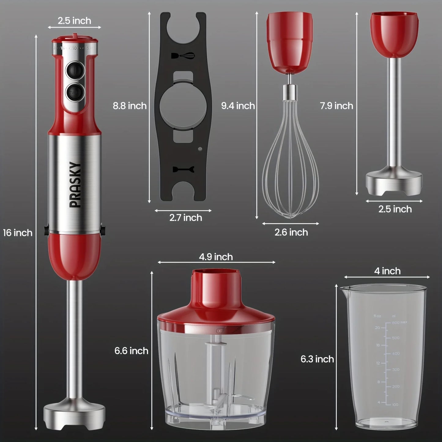 Prasky Handheld Immersion Blender With Whisk And Meat Chopper