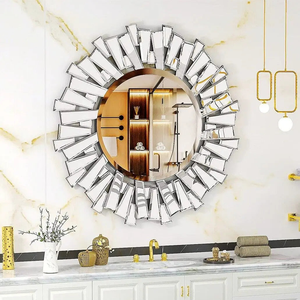 Luvodi Round Wall Mirror With Starburst Design For Home Decor