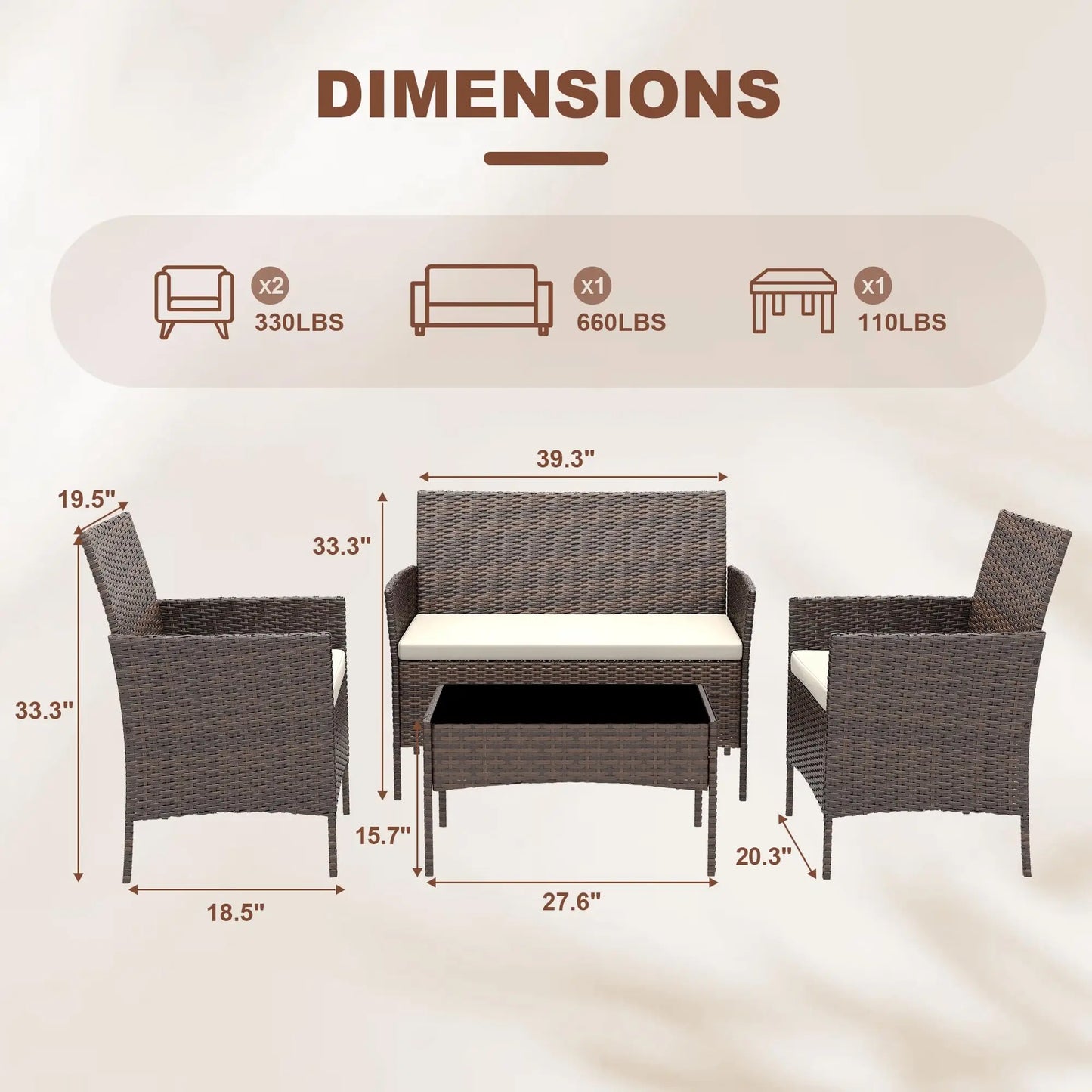 HiMISS 4 Piece Outdoor Rattan Patio Set With Glass Table