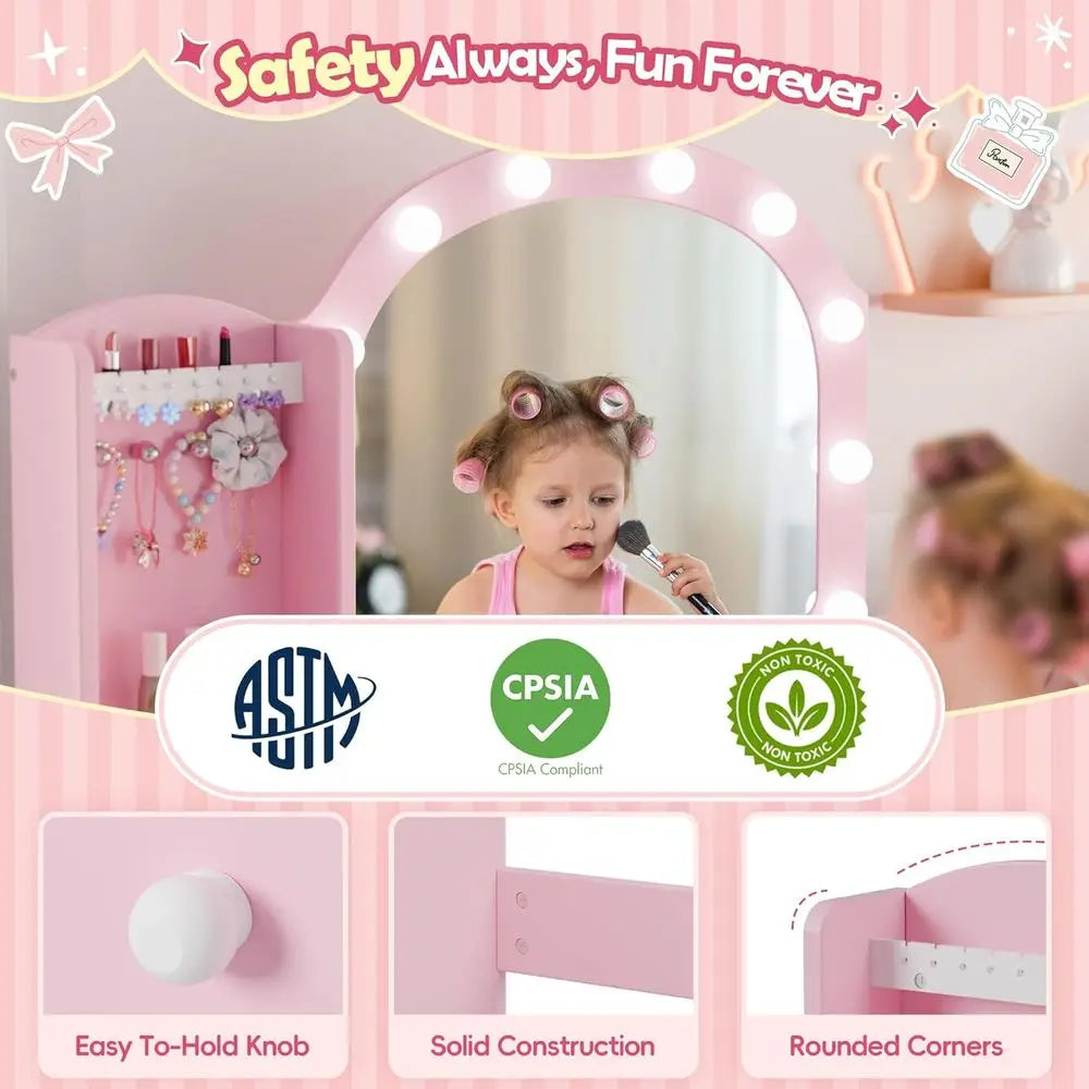 Wooden Kids Vanity Table With Chair And Storage Mirror