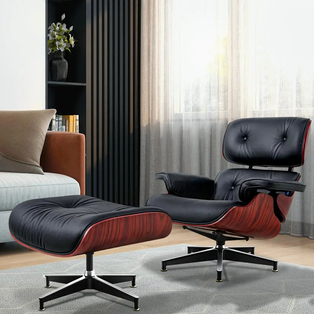 Genuine Leather Swivel Lounge Armchair With Ottoman