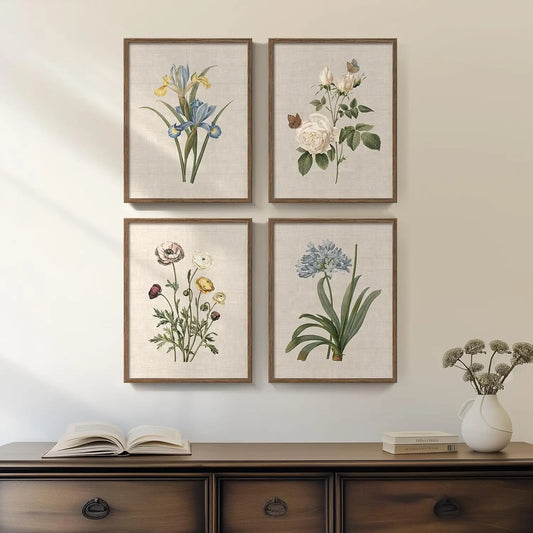Framed Botanical Floral Wall Art 4 Piece Vintage Canvas Painting