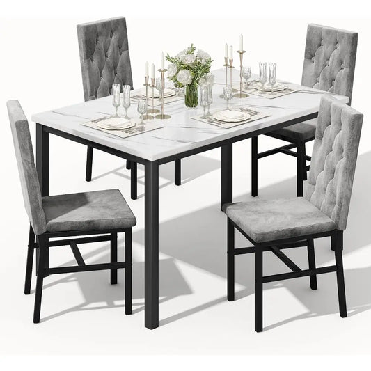 Modern Wooden Dining Table With Four Button Tufted Chairs