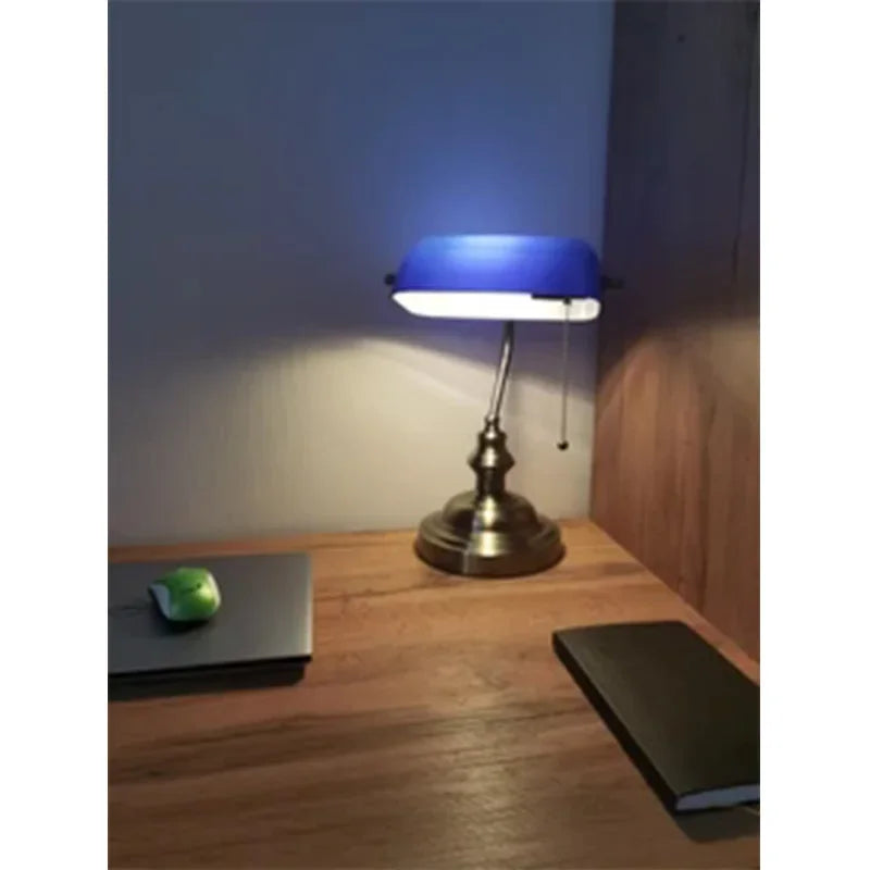 Classical Glass And Iron Bankers Desk Lamp With Zipper Switch