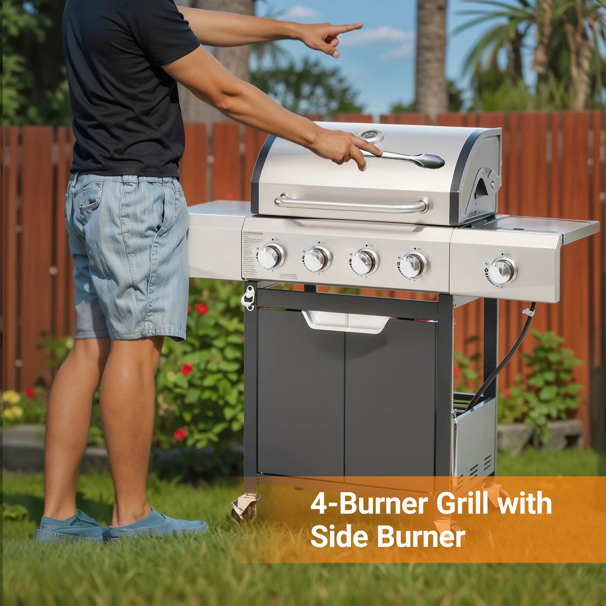 Four Burner Stainless Steel Propane Gas Grill With Side Burner