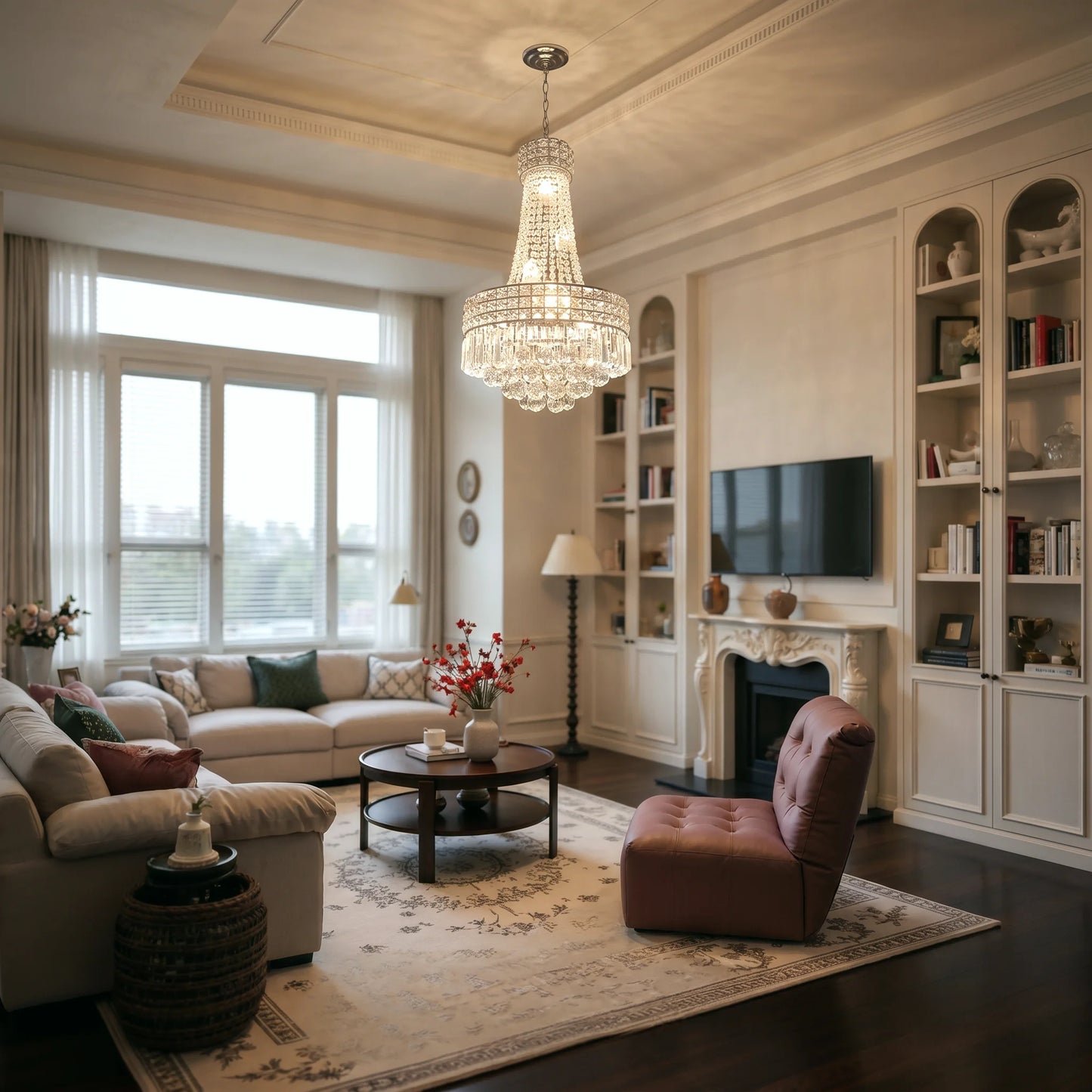 Round Dimmable Crystal Chandelier With Iron Body And E14 Base