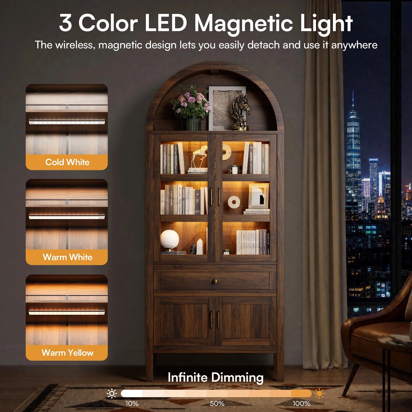 Cottinch Arched Storage Cabinet With Adjustable Shelves And LED Lights