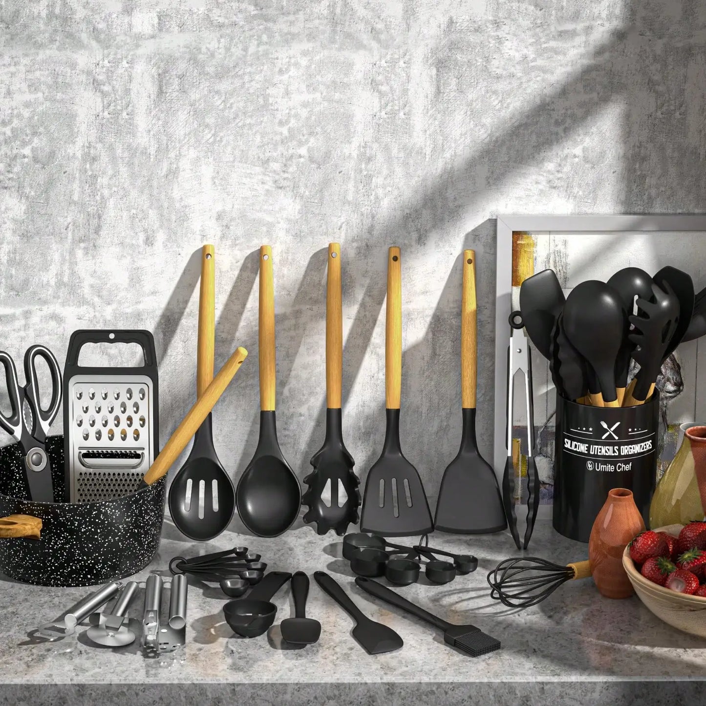 Heat Resistant Silicone Kitchen Utensils Set With Wooden Handles
