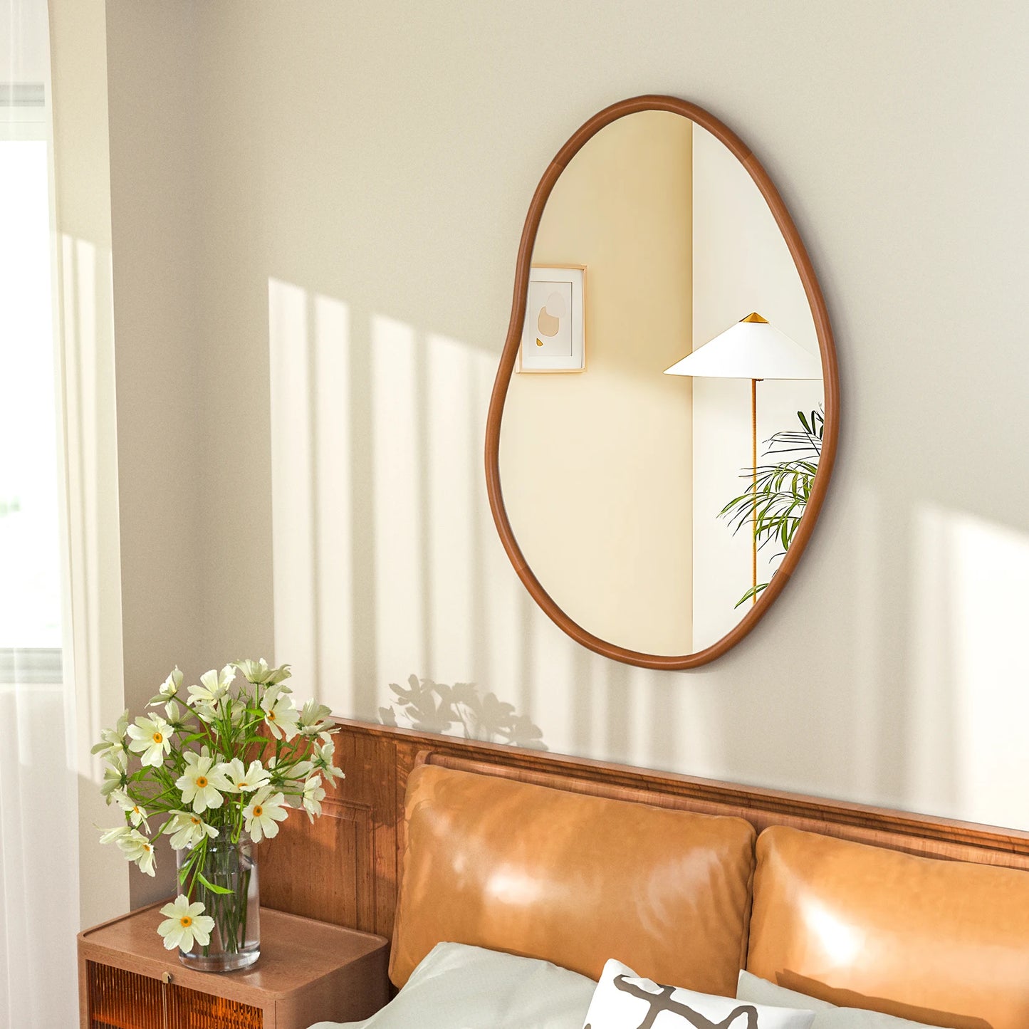 Mid Century Asymmetrical Wood Frame Wall Mirror Home Decor