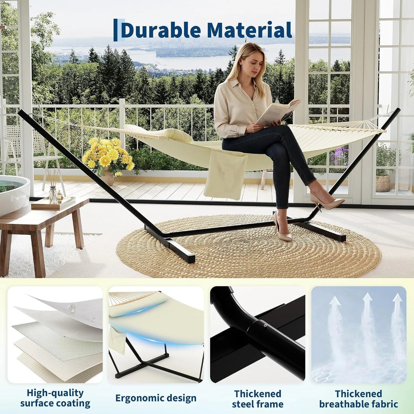 Premium Double Hammock With Sturdy Stand And Comfortable Pillow