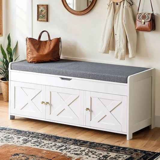 Farmhouse Wood Shoe Storage Bench With Cushioned Lift Top Seat