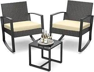 3 Piece Outdoor Rattan Rocking Bistro Set With Coffee Table