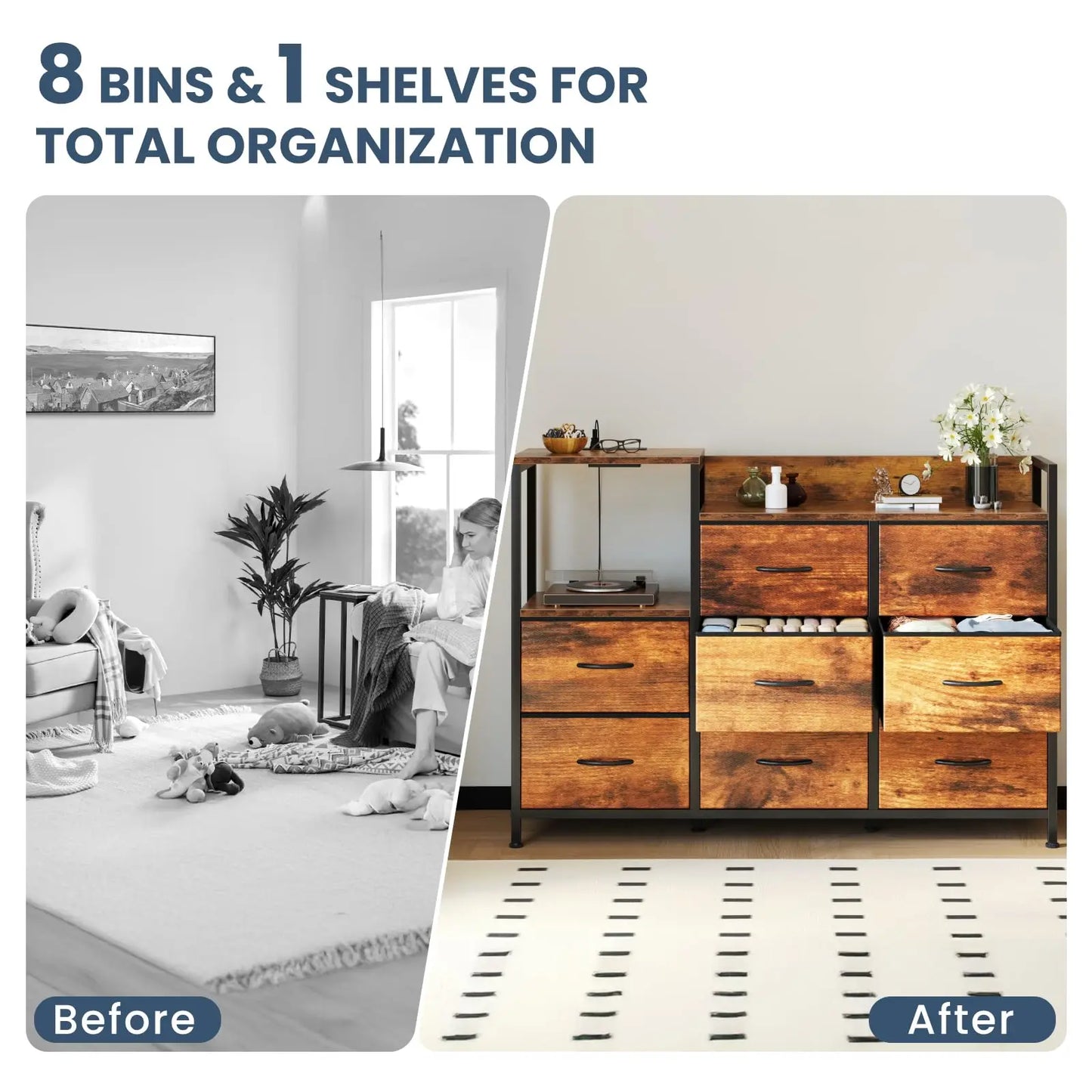 JHK Modern TV Stand With Fabric Drawers And Charging Station