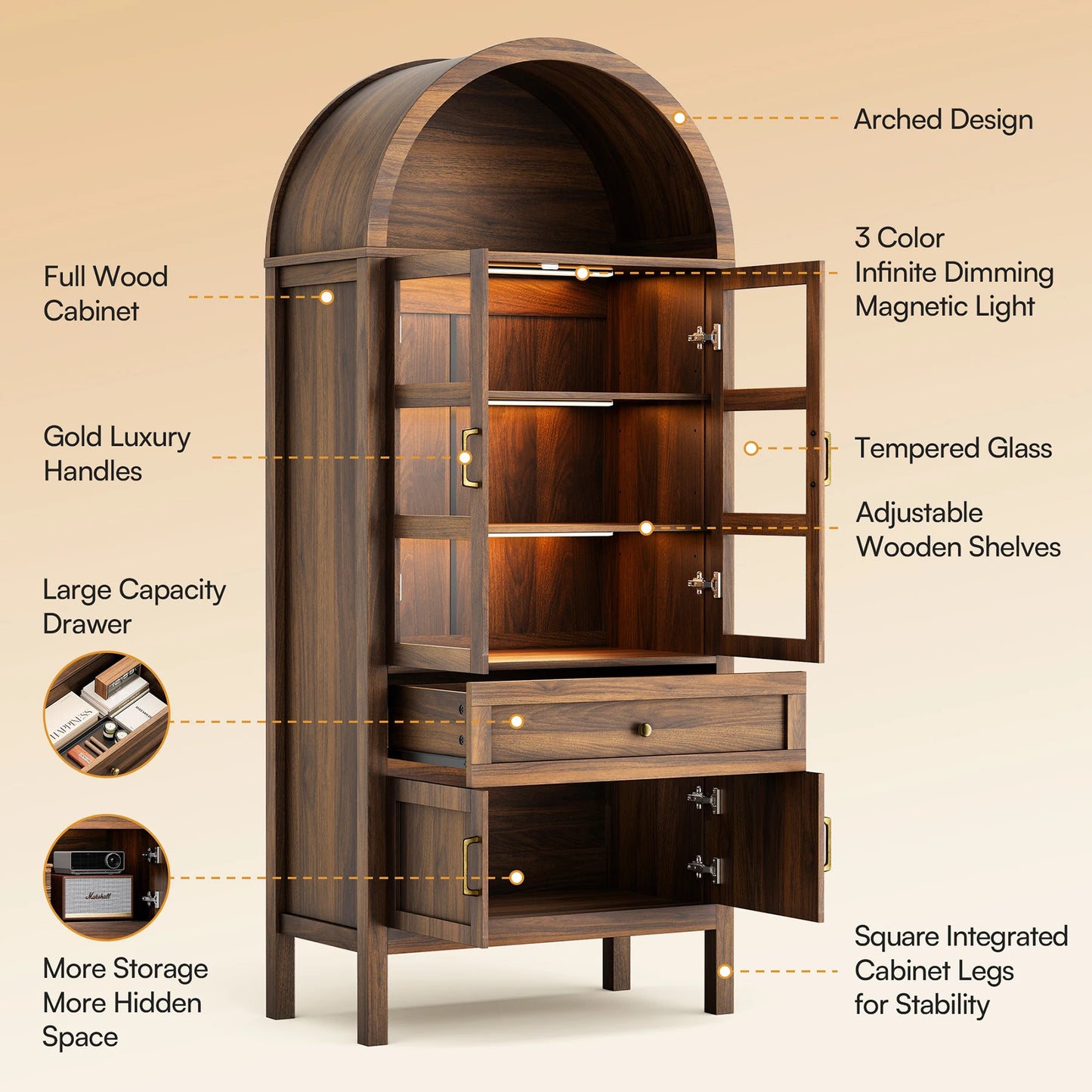 Cottinch Arched Storage Cabinet With Adjustable Shelves And LED Lights
