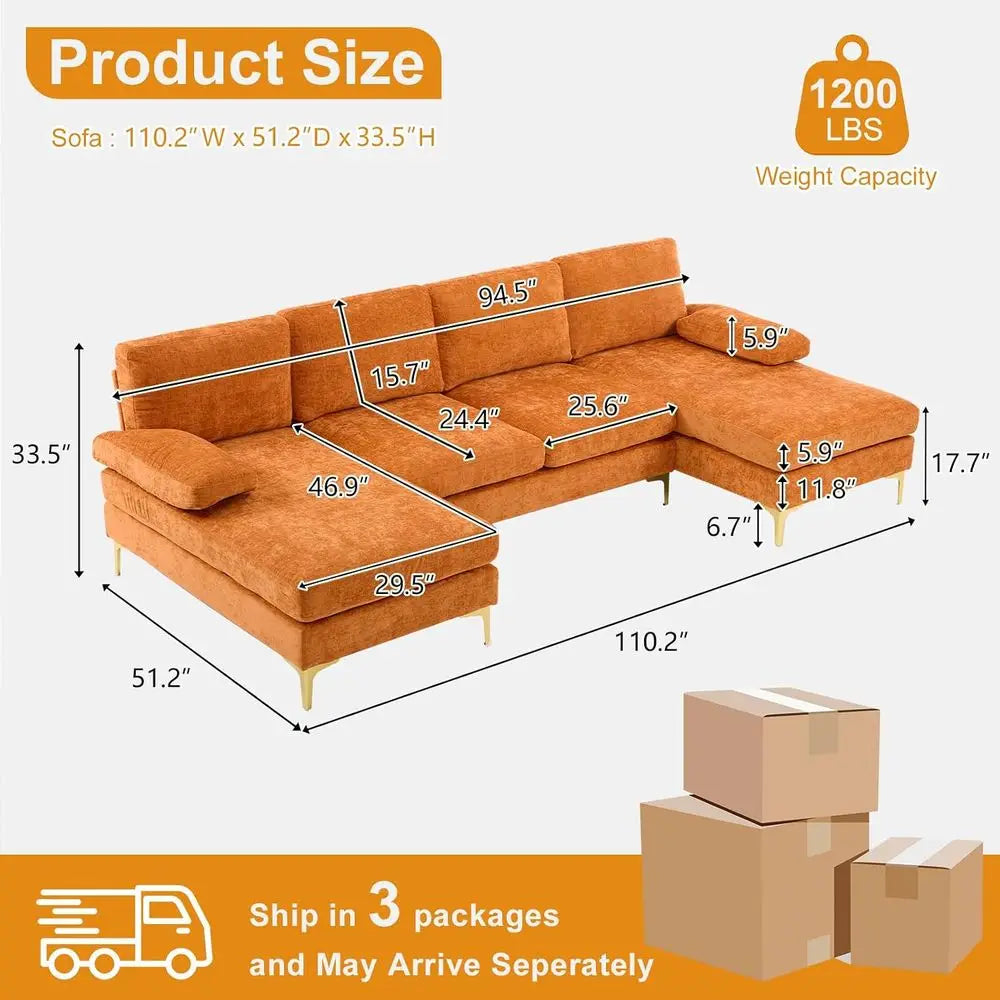 Four Seat Chenille Upholstered Sectional Sofa With Double Chaise