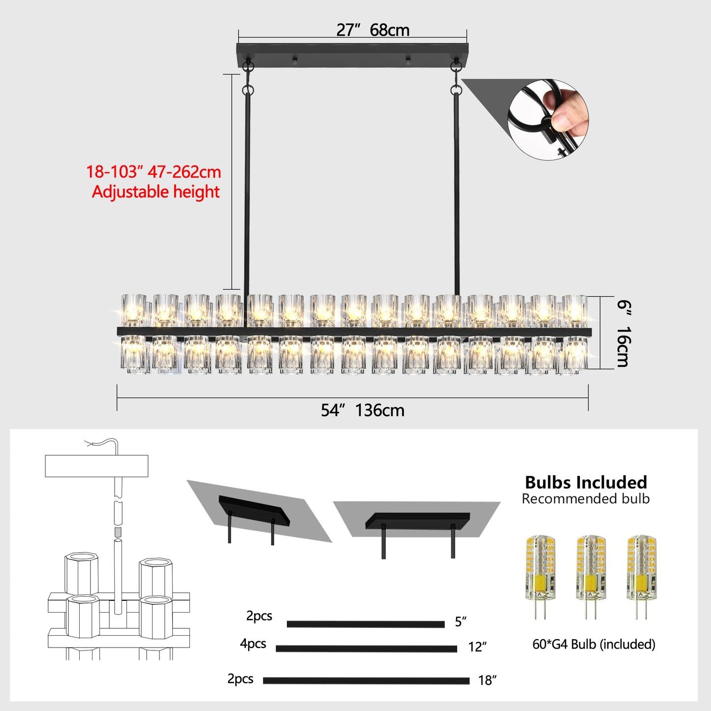 Zhikea Modern Crystal Chandelier Pendant Ceiling Light