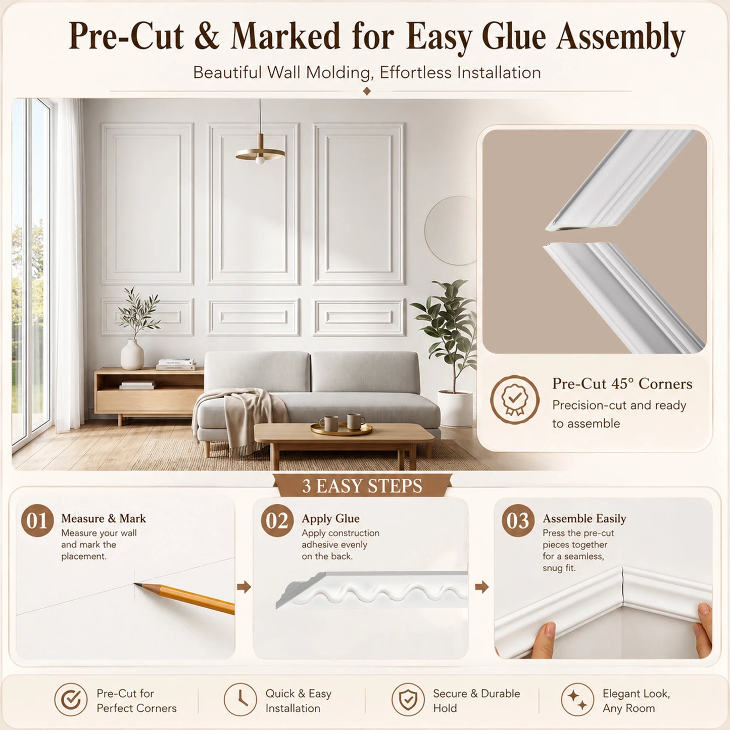 Peel And Stick Pre Cut Wainscoting Wall Molding Kit