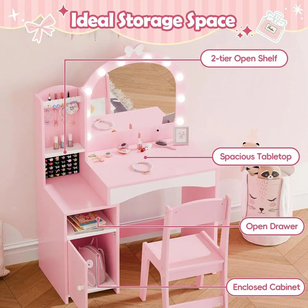 Wooden Kids Vanity Table With Chair And Storage Mirror